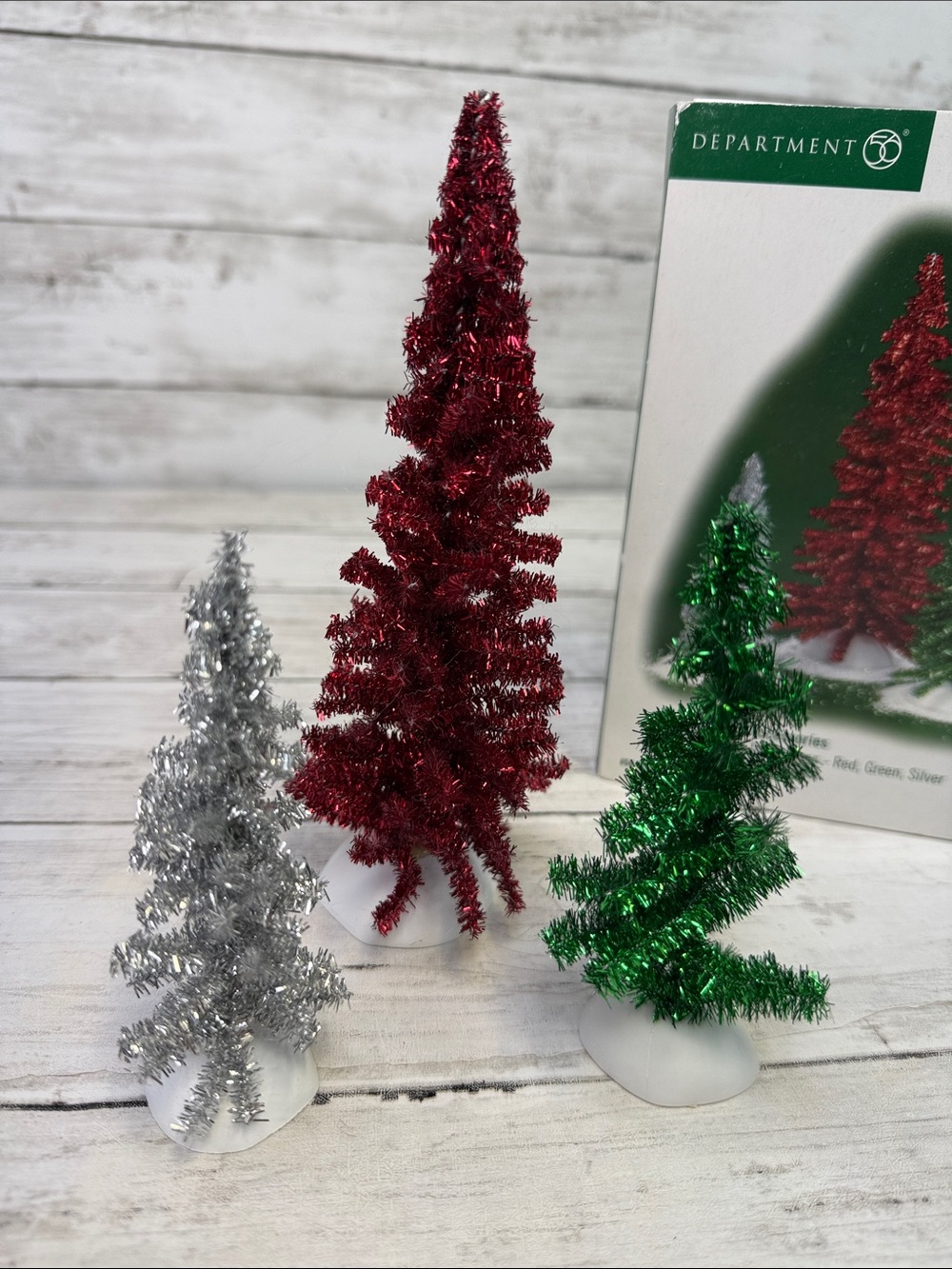 Dept 56 Classic Tinsel Trees Set of 3 Red Green & Silver #53192 EUC